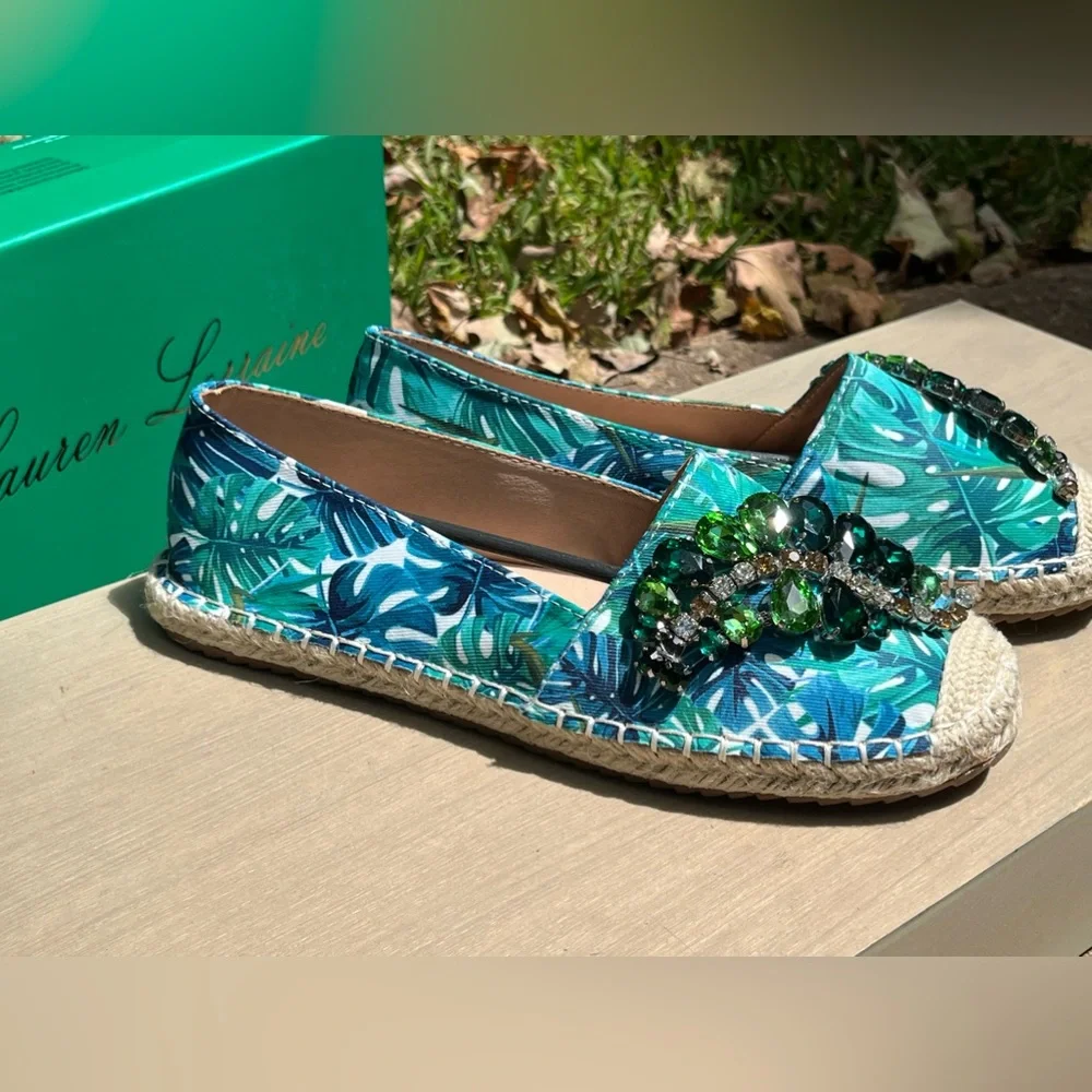🆕 Lauren Lorraine Blue and Green embellished Espadrilles Size 7